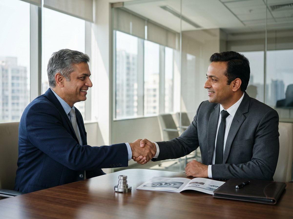 Business professionals completing a handshake during a meeting in a conference room