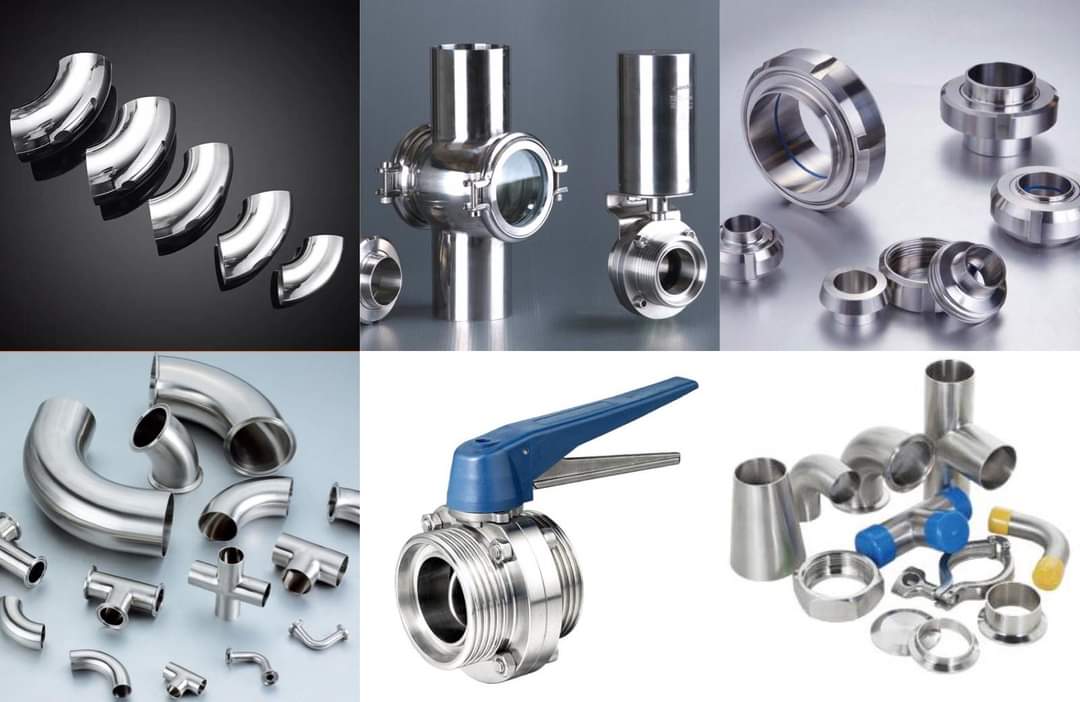 Collage of sanitary stainless steel dairy fittings, valves, bends and tri-clamp assemblies