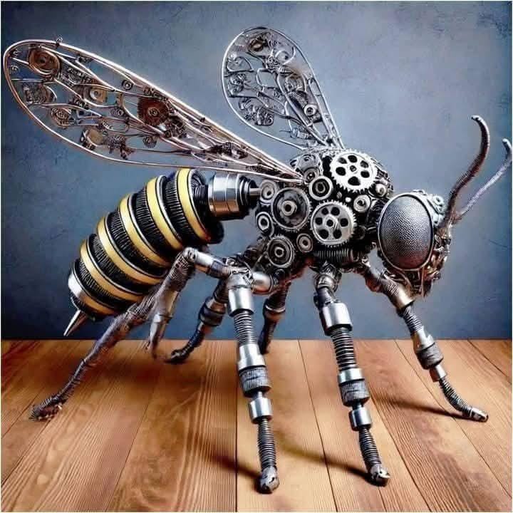 Mechanical bee sculpture with gear details, wings and a striped abdomen.
