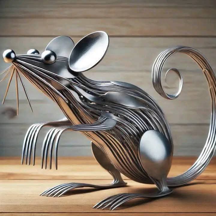 Curved metal mouse sculpture with a long looped tail.