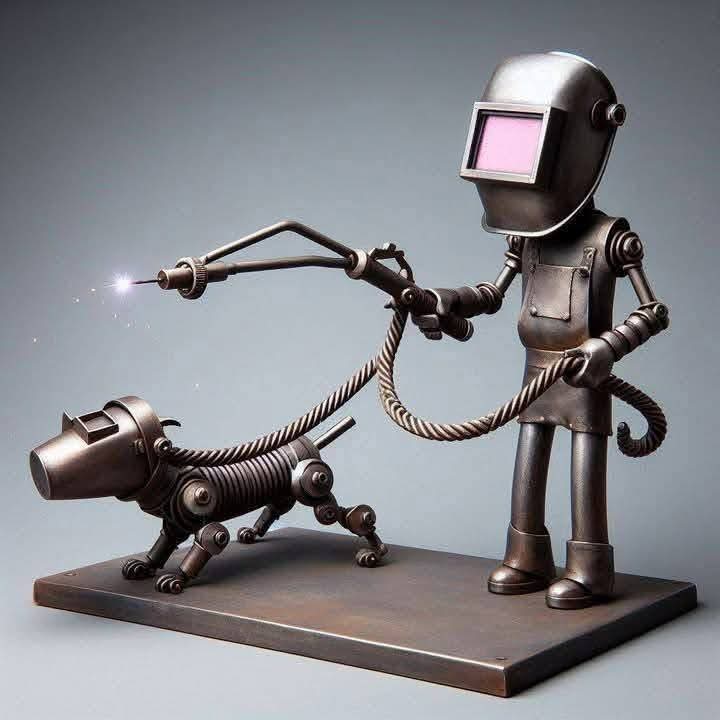Metal figure holding a welding torch beside an animal-shaped sculpture.