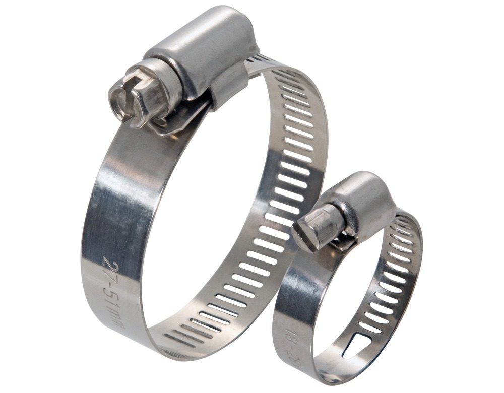 Two metal hose clips with screw-adjustment housings, one larger and one smaller.