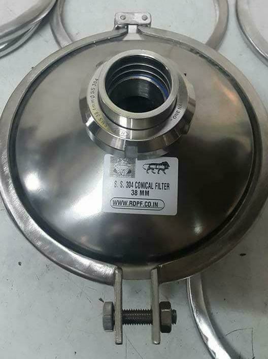 Stainless steel 304 conical filter assembly labelled 38 mm, with a circular sanitary opening and clamp.