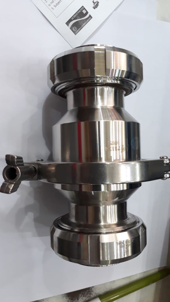 Stainless steel non-return valve assembly with union-style ends and a central circular body.