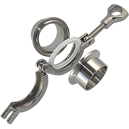 Sanitary Tri-Clover clamp set with stainless steel clamp fittings and a white seal gasket.