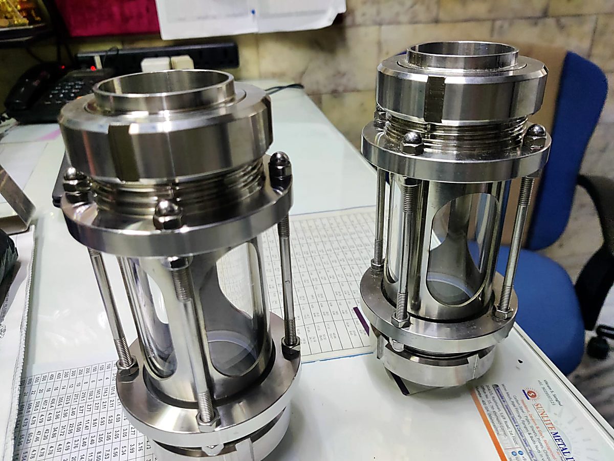 Inline sanitary sight glass with stainless steel body, borosilicate window and TC ends