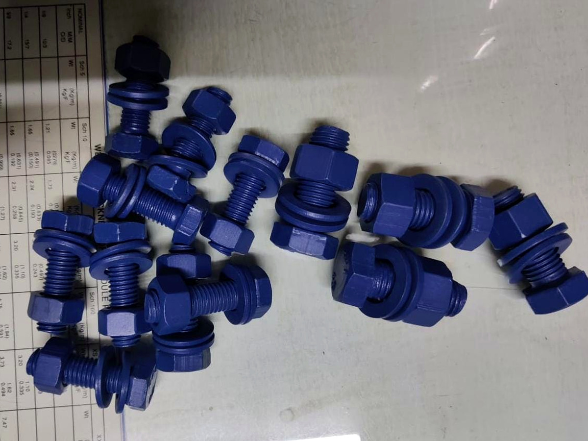 Assorted bolts and nuts with a blue-colored coating