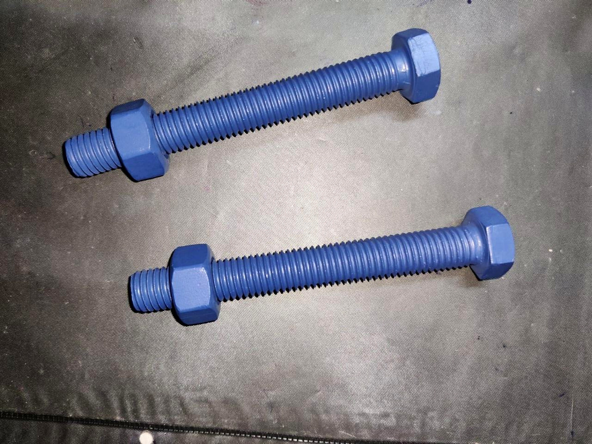 Blue PTFE-type coated bolts with matching nuts