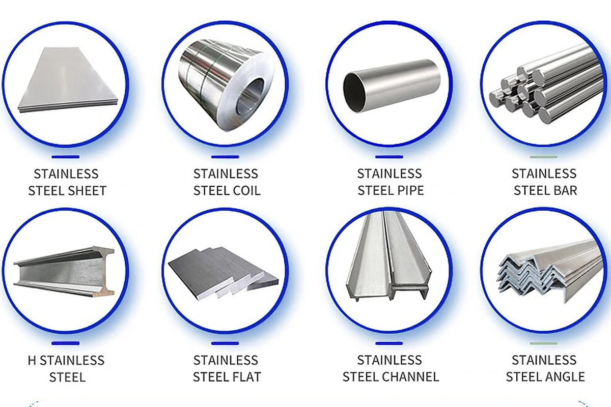 Stainless steel sheet, coil, pipe, bar, H-section, flat, channel and angle products
